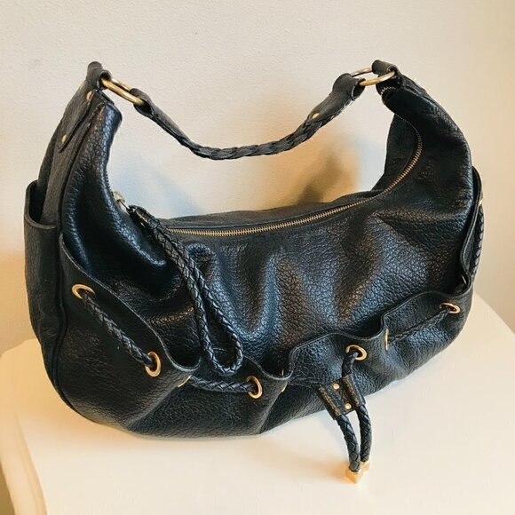 Michael Kors Black Pebbled Leather Braided Drawstring Hobo Shoulder Bag - Picture 4 of 9